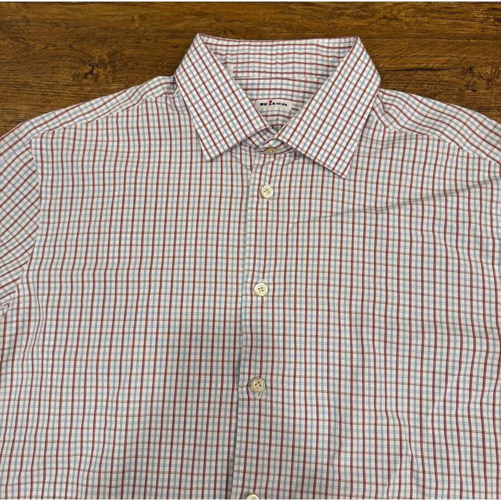 Kiton Multicolor Italy Cotton Plaid Button Up Casual Dress Shirt Men's 44 17.5